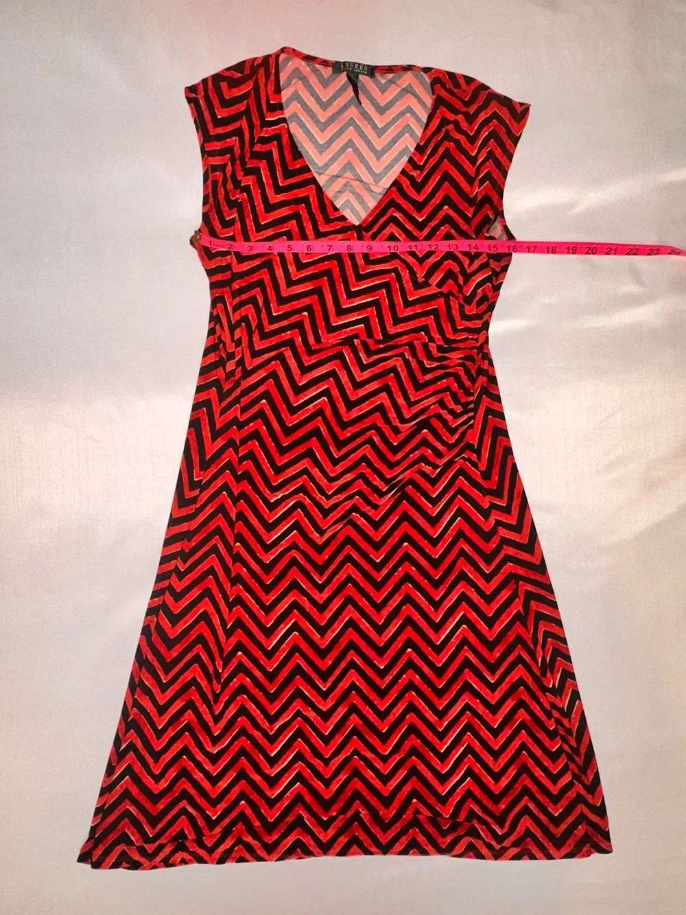 Lauren Ralph Lauren Women’s Faux Wrap Red & Black Chevron Ruched V-Neck Dress